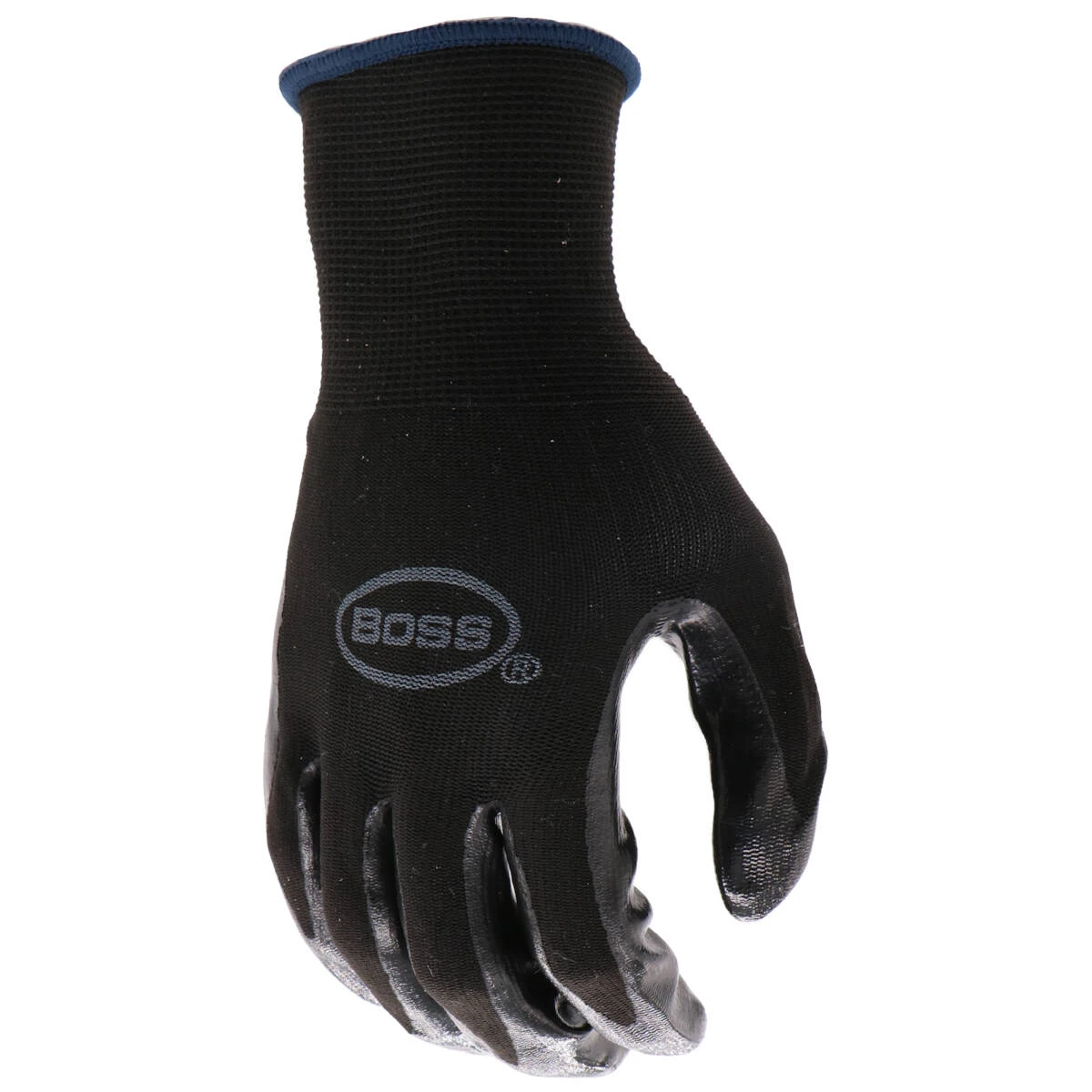 Boss Medium, Black, Nylon/Polyester Shell, Elastic Knit Wrist, Flat Coating, Nitrile Grip Glove 3 Boss Medium, Black, Nylon/Polyester Shell, Elastic Knit Wrist, Flat Coating, Nitrile Grip Glove